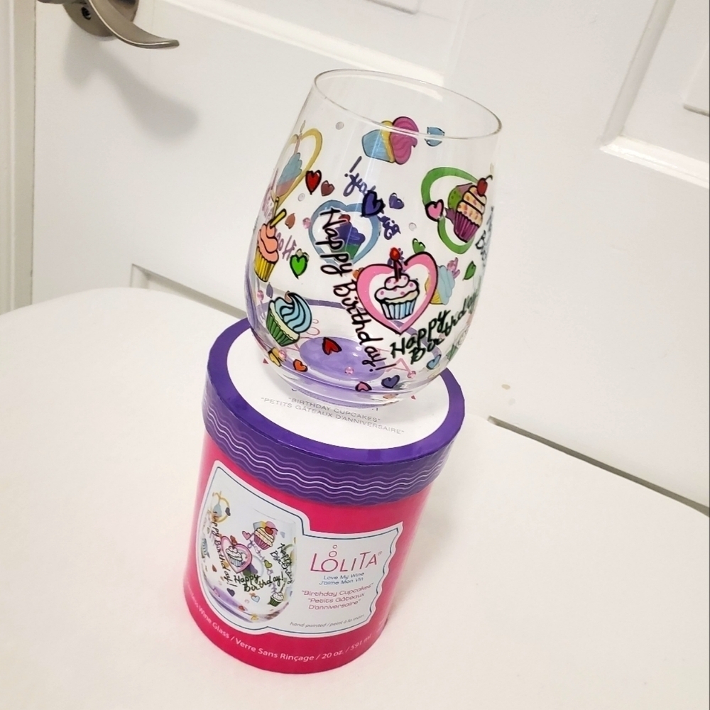 NIB Lolita Love My Wine "Birthday Cupcakes" Stemless Wine Glass